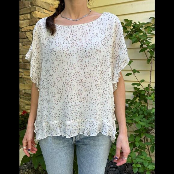Mango cream w/tiny green/pink print blouse, ruches all around, fully lined, Med - Picture 1 of 13